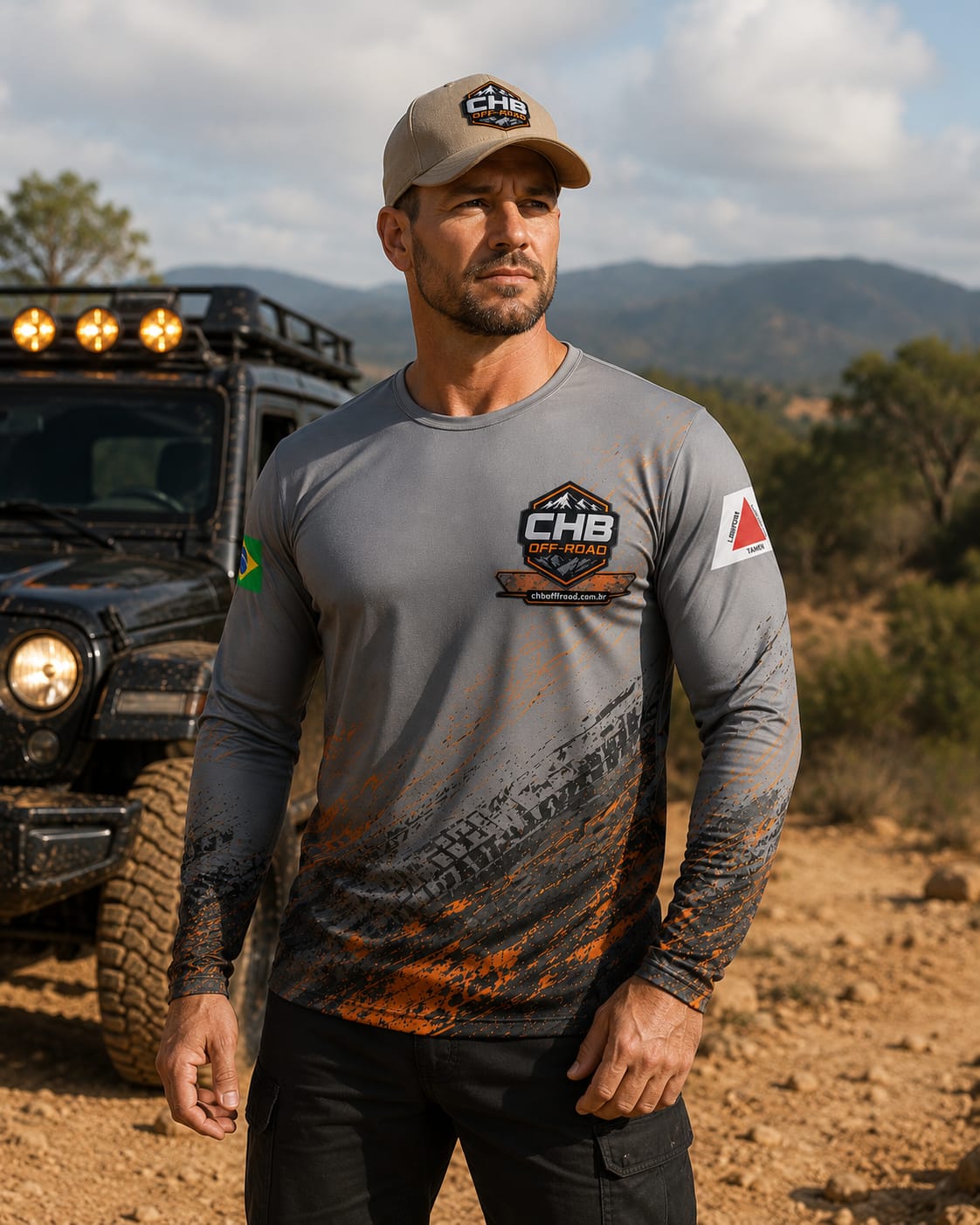 Camisa técnica e boné CHB Off-Road em ambiente de aventura